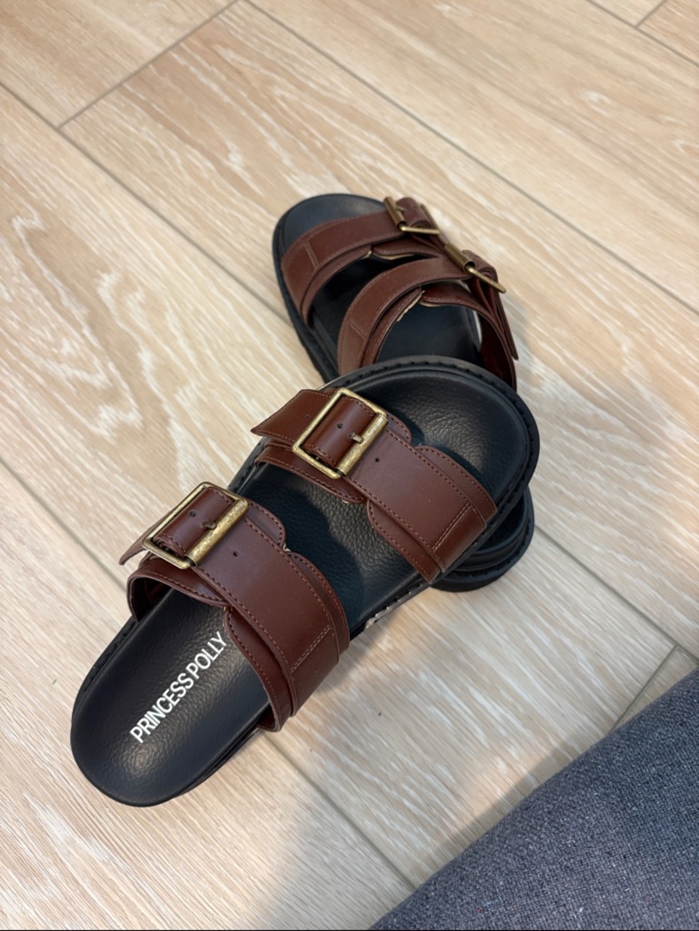 Princess Polly Brown Double Buckle Slides with Gold Buckles